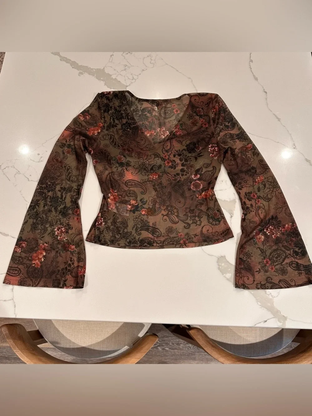 Shein Floral Paisley Y2K Sheer Mesh Top M Bell Sleeves Flare Forest Fairy Goblin - Picture 2 of 10